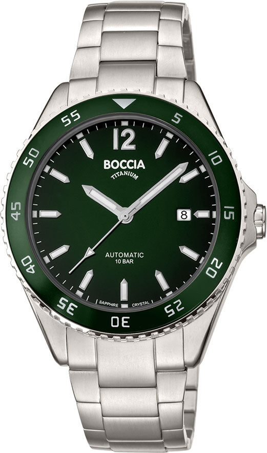 Boccia herreur, titanur,automatic,100m vanntett, safirglass, lenke, mørk grønn skive 3653-02