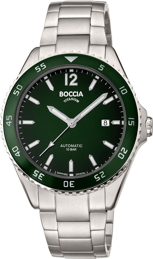 Boccia herreur, titanur,automatic,100m vanntett, safirglass, lenke, mørk grønn skive 3653-02